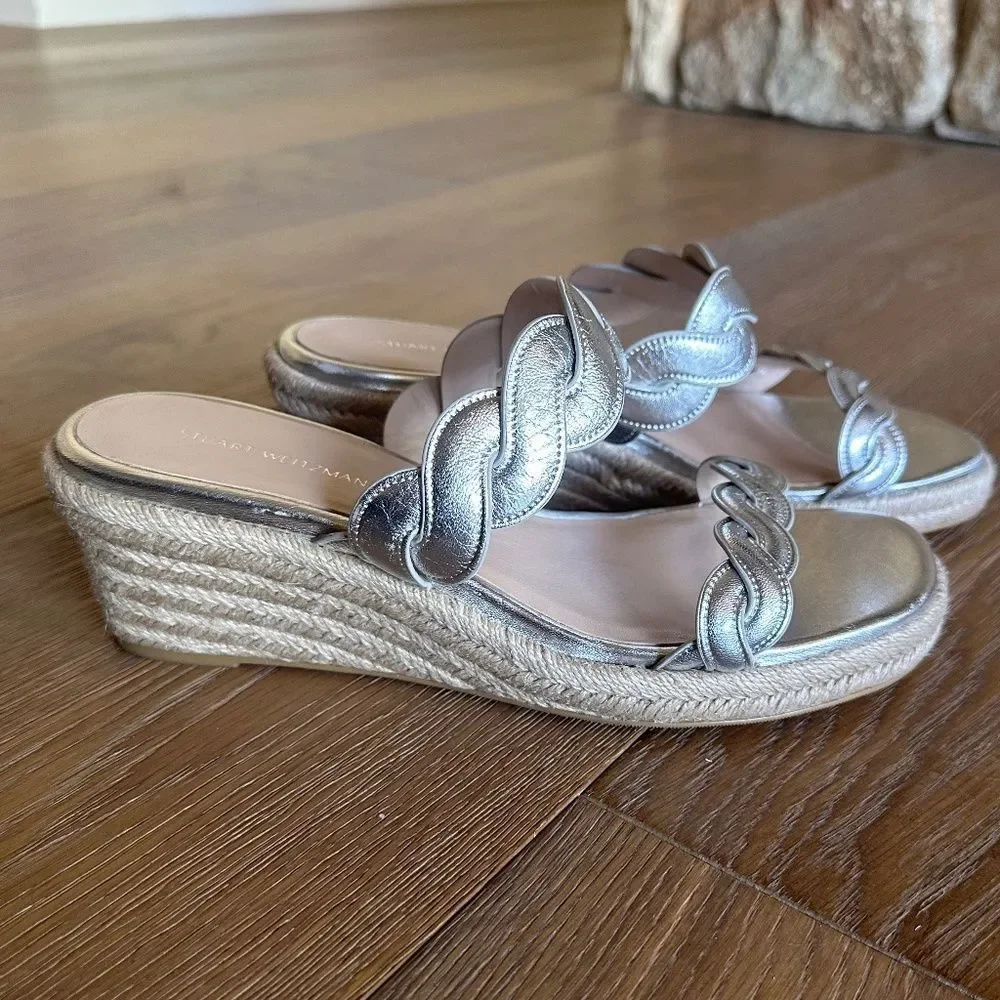 STUART WEITZMAN Twisted Espadrille Slide Sandal Platino Metallic Size 7 NEW